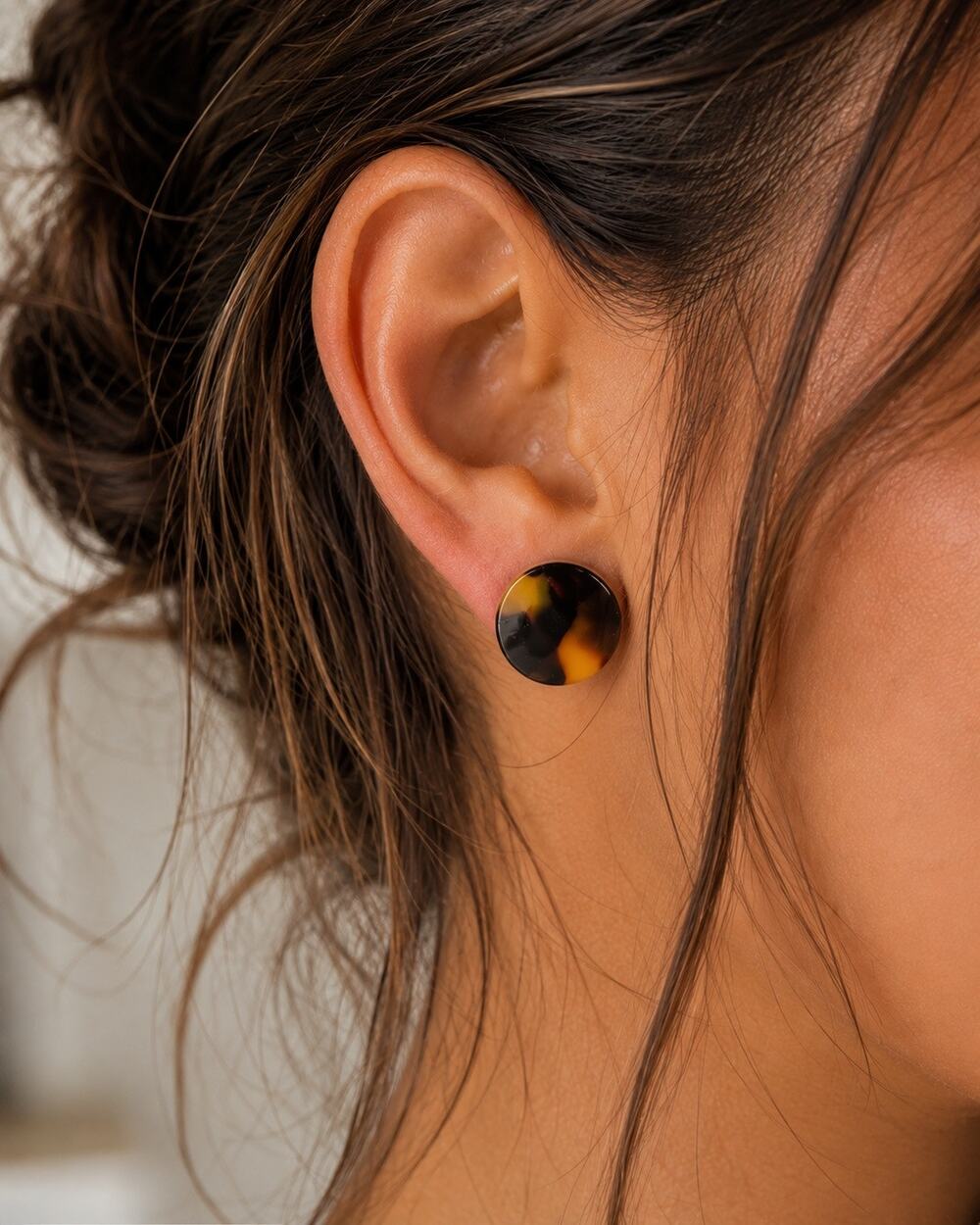 Tortoise Shell Round Disc Stud Earrings Brown Amber Retro